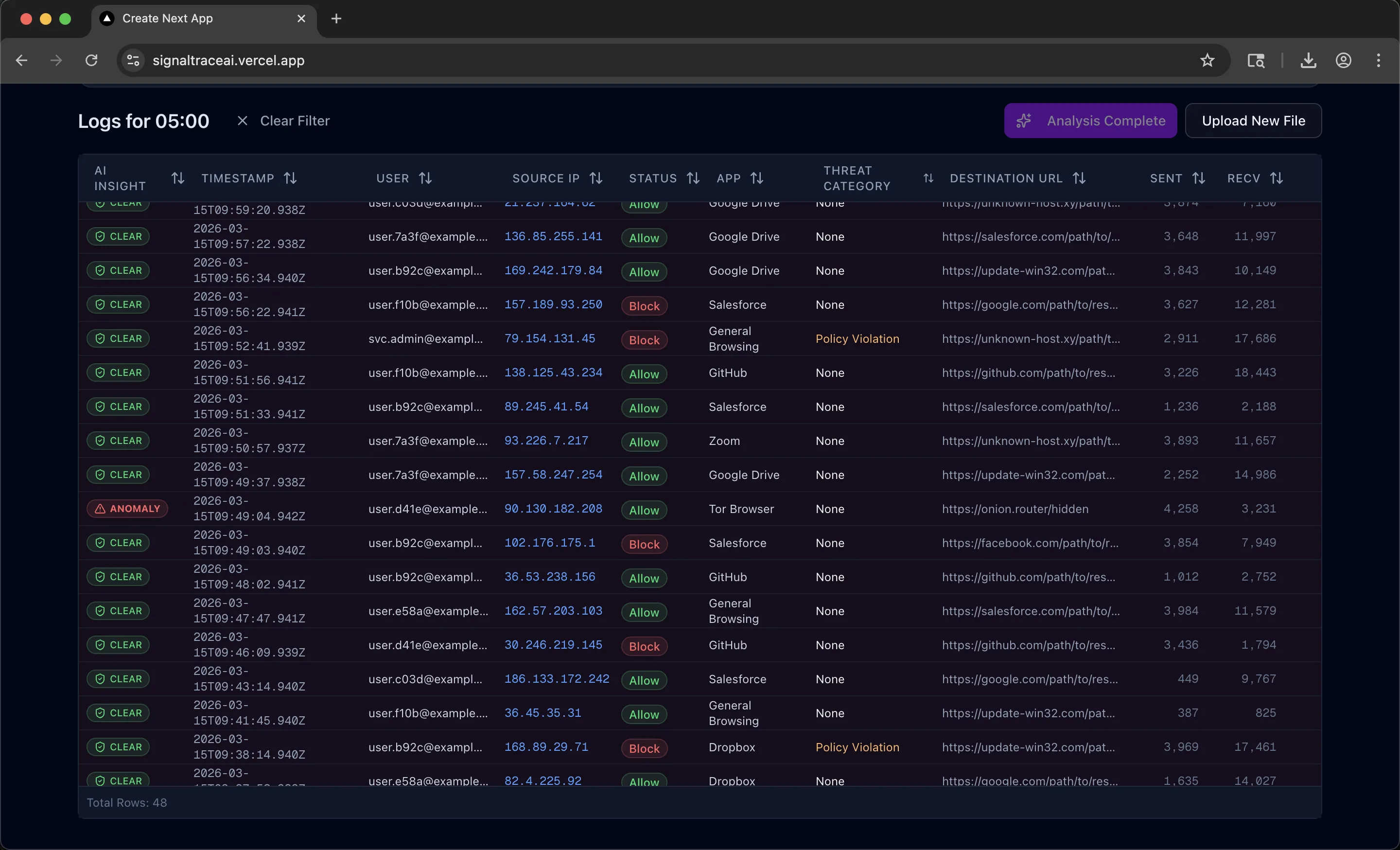 SignalTraceAI virtualized table showing filtered log entries with AI Insight status badges